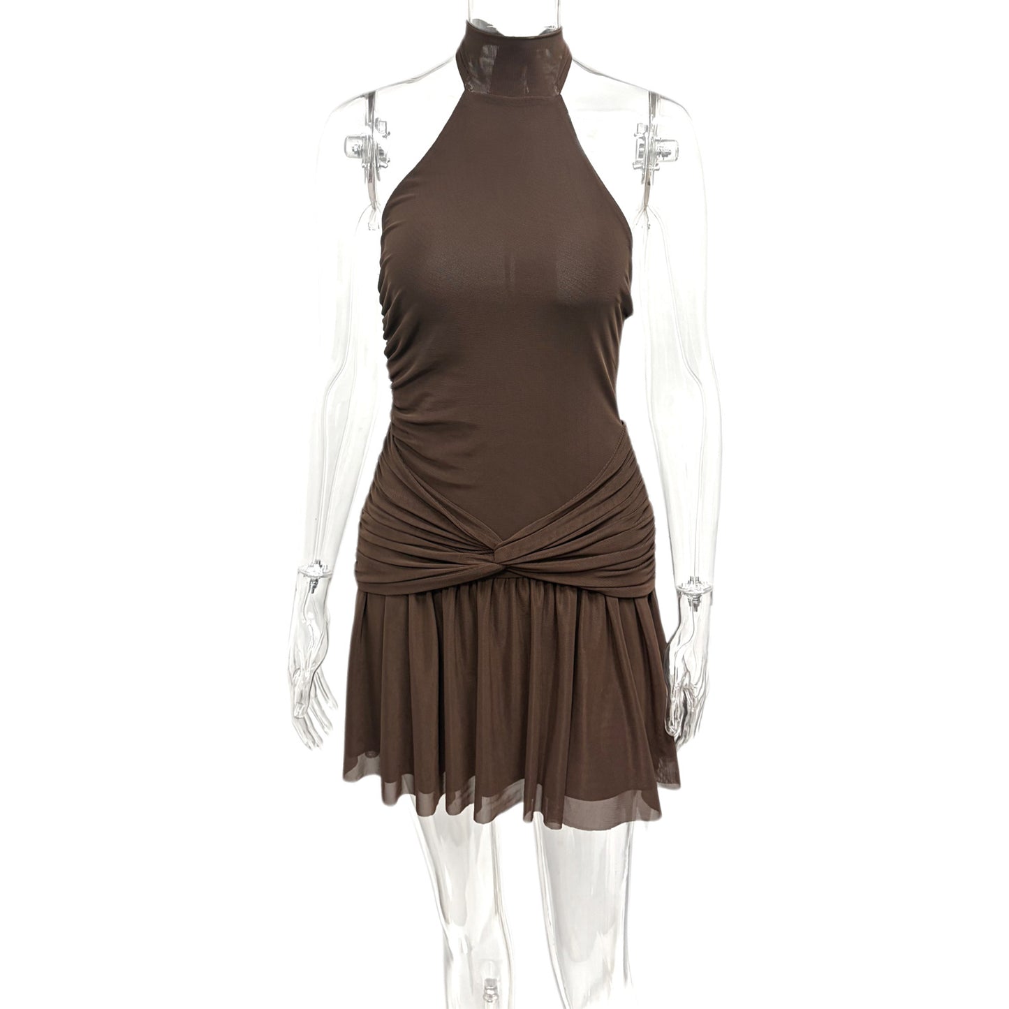 Vestido halter con nudo y volantes